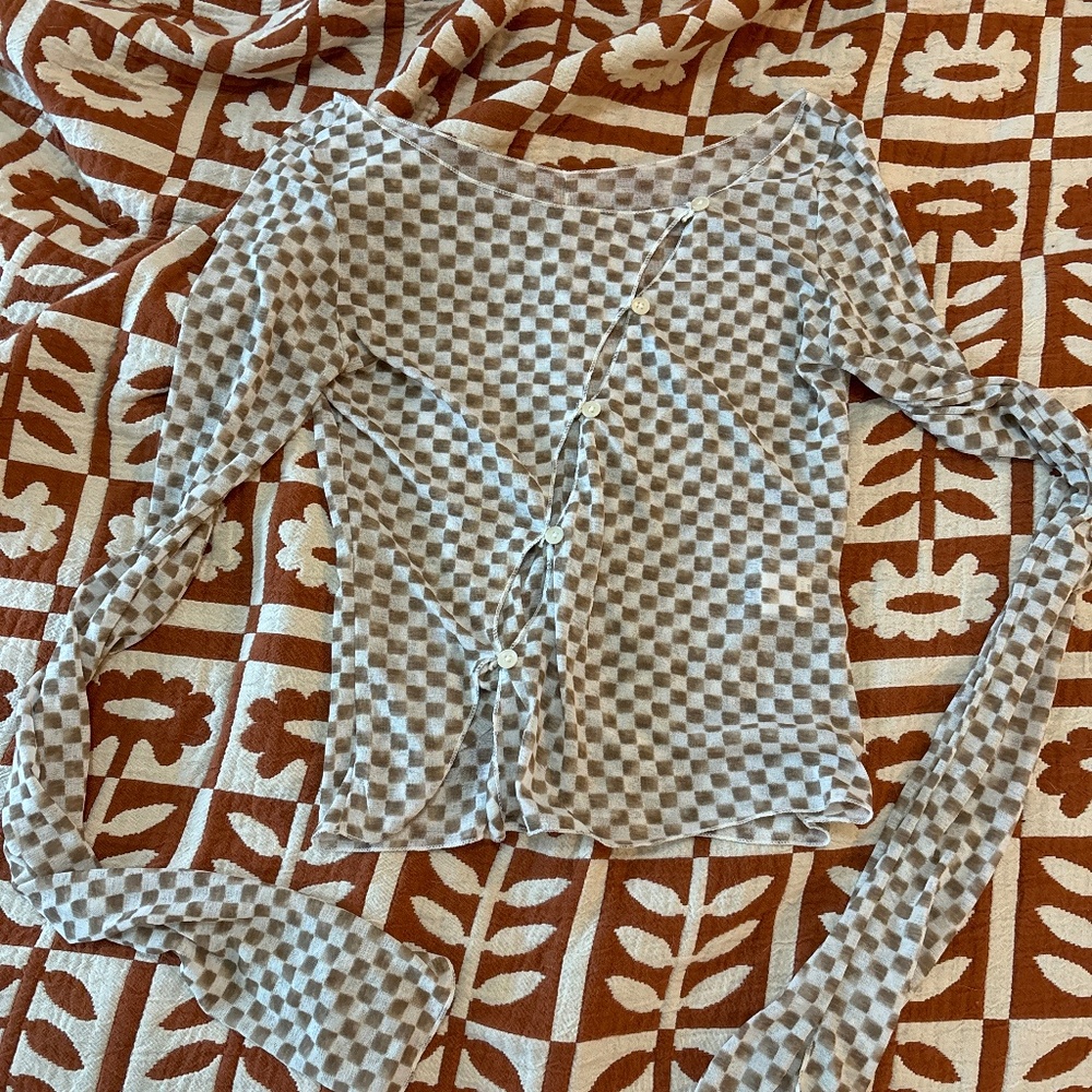 Shop Peche semi sheer checkered button-up shirt
